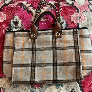 Plaid Tote Bag with Chain Straps Jen & Co purse handbag brown